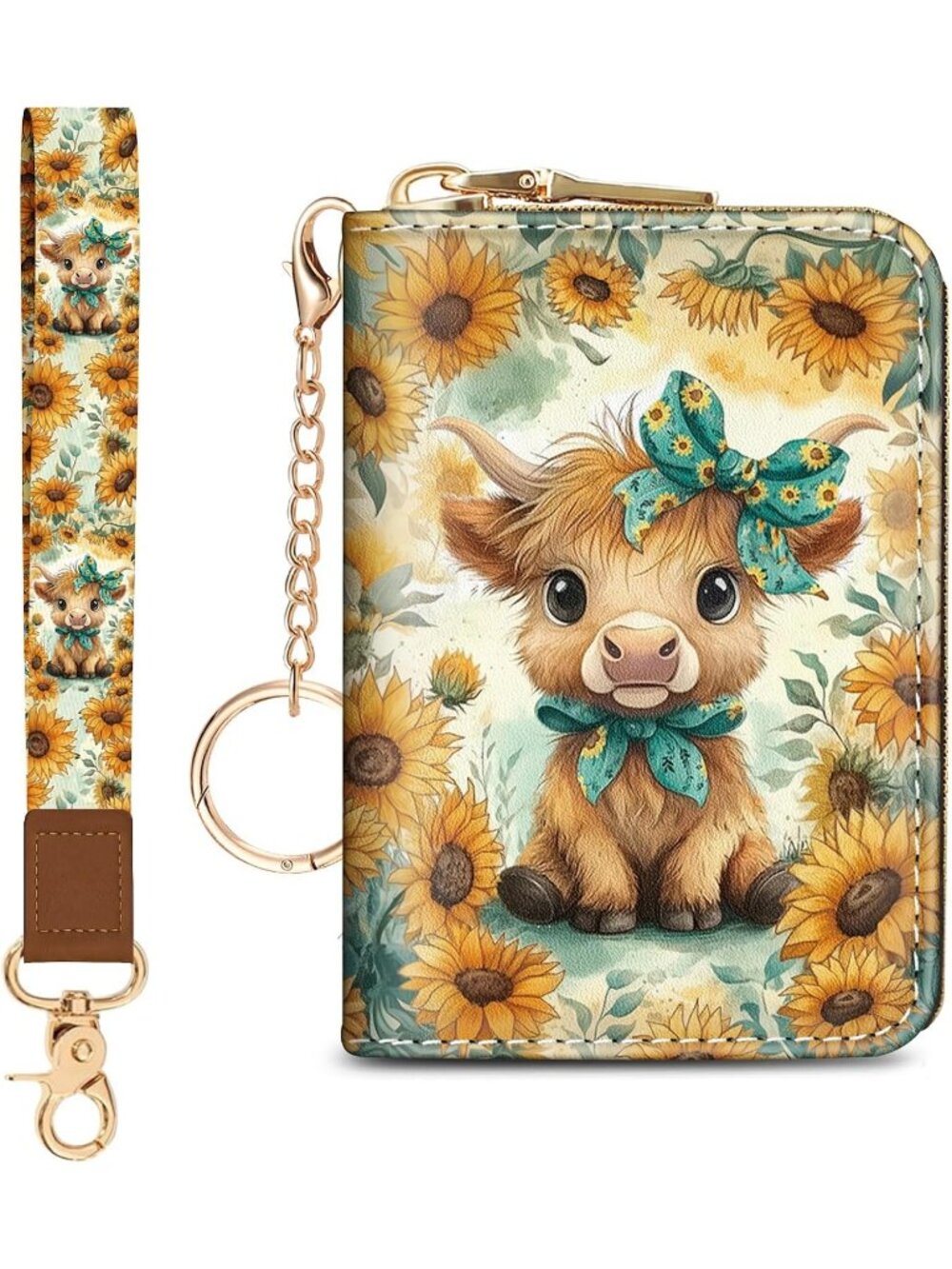 Women Wristlet Cow RFID Credit Card Holder Bird Keychain Travel Zipper Wallet